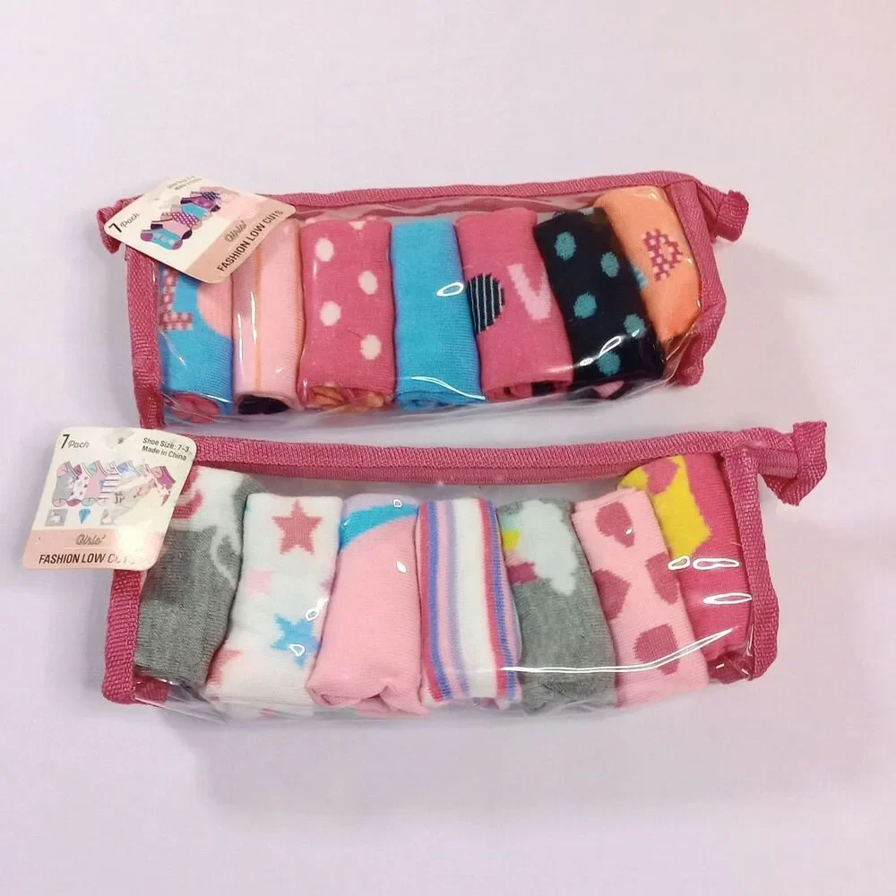 14 pr Low Cut No Show Socks w/ Storage Bag Random Multicolor NWT Girls sz: 7-3